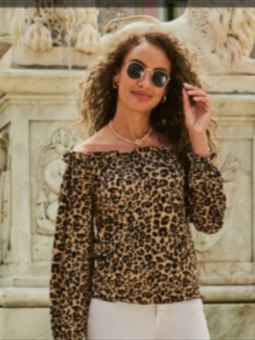 Premise Leopard-Print Off-Shoulder Blouse in Tan and Black